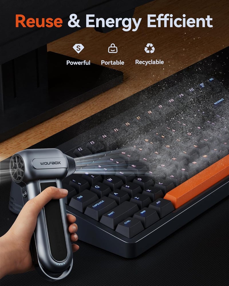 WOLFBOX MF100 Electric Air Duster-150000RPM Super Power Cordless Air Duster, Rechargeable Brushless Motor Durable Blower, 3-Gear Adjustable Dust Blower for Computer, Keyboard, Outdoor, House and Car - Image 3